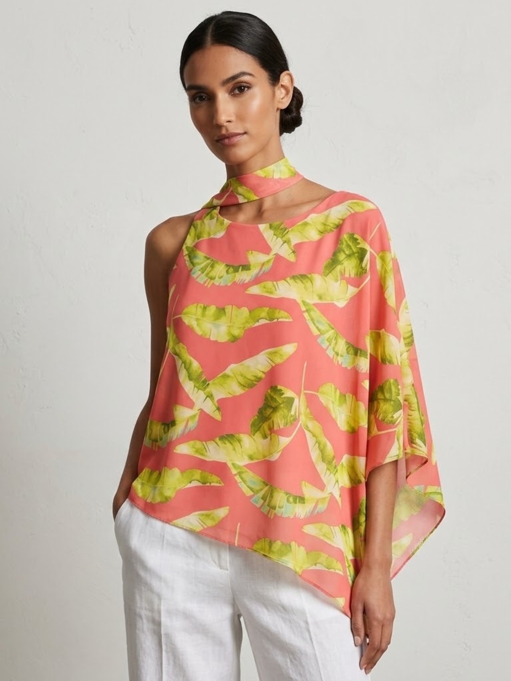 Adrienne Coral One-Shoulder Tunic with Green Leaf Print
